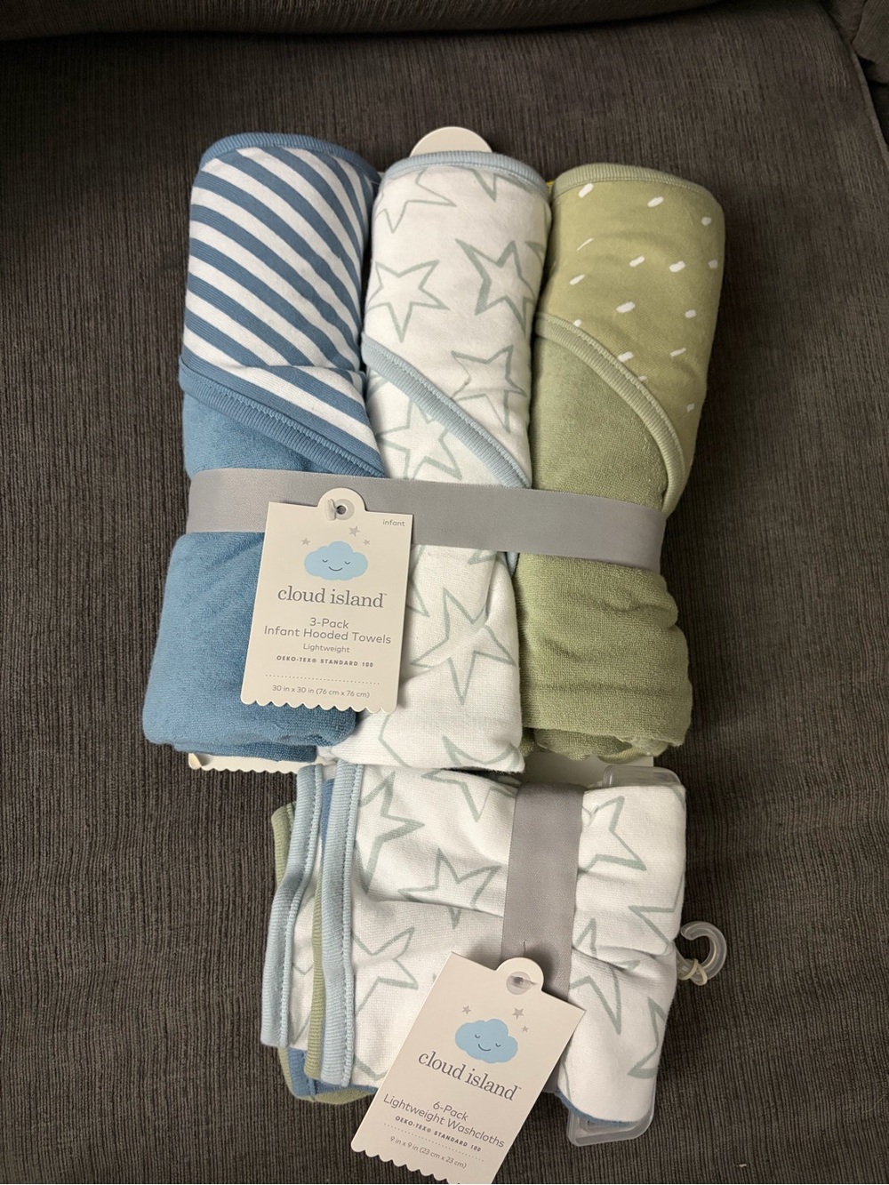 cloud island Baby Hooded Towels & Washcloths Set - Blue, White, Green